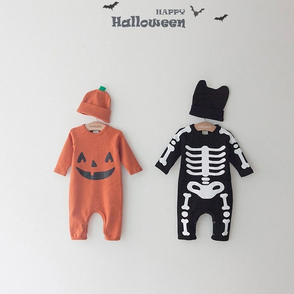 Baby Toddler Boy Girl Halloween Costume Pumpkin Skeleton Romper Snap Closure Cute Trendy with Hat Cotton Soft Warm Snug Fit Trick or Treat