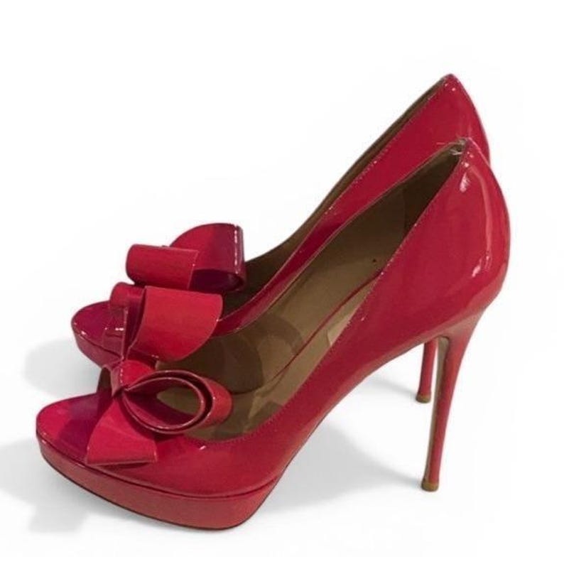 Valentino Garavani Bow Rosso Patent Leather PeepToe Platform Stiletto Heels 36.5 image 5