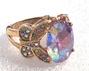 Kirks Folly Gold-Toned Butterfly Kisses Ring Lavender Aurora Crystals Size 9