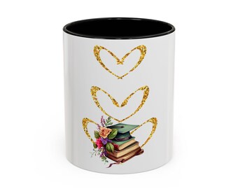 Romantic Book Lover&#39;s Coffee Mug, Graduation, Perfect Gift for Readers, Floral Decor, Heart Design, Coffee Lovers Gift