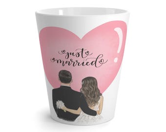 Just Married Latte Mug - Wedding Gift, Newlywed Coffee Cup, Bridal Shower Present, Engagement Celebration, Cute Couple Drinkware
