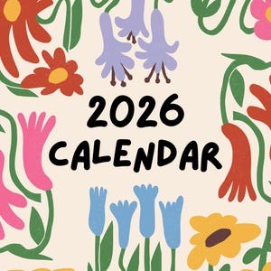 Può includere: Calendario 2026 con sfondo crema e illustrazioni floreali colorate. I fiori sono in tonalità di rosso, rosa, giallo e blu, con steli e foglie verdi. Il testo "2026 CALENDAR" è in nero.