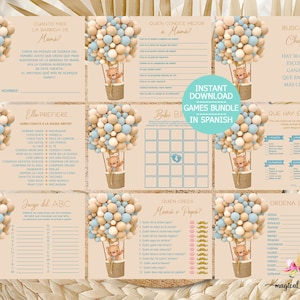 Possiamo aspettare con trepidazione pacchetto di giochi per baby shower per RAGAZZO, giochi per baby shower per ragazzi, pacchetto di giochi, pacchetto di giochi, orsacchiotto con palloncini blu, spagnolo spagnolo