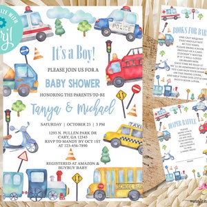 Transport baby shower invitation, transportation vehicles, baby shower bundle, digital printable, corjl editable, raffle, books for baby.