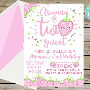 Strawberry berry sweet 2nd birthday invitation, Two Sweet girl second birthday invite, girl strawberries invite, CORJL digital printable.