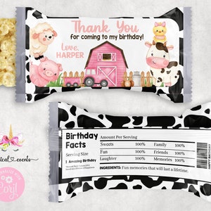 Pink farm birthday crispy rice labels, Pink farm party favors, favor, digital printable, customized, farm animals cow lamg pig chicken.