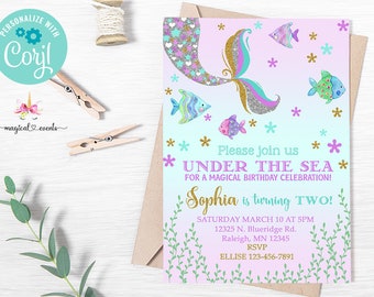 Mermaid birthday invitation, gold silver mermaid birthday invite, girl birthday invitation, corjl digital printable, under the sea, fish.