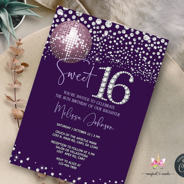 Sweet 16 Quinceañera invitation, purple silver disco ball, silver diamonds, quinceanera, Sweet Sixteen Sweet 16, corjl digital printable.