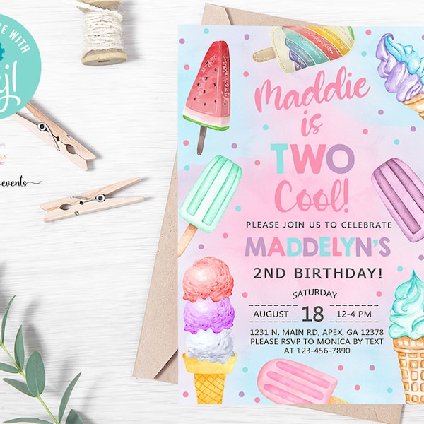 Two cool popsicles & ice cream girl 2nd second birthday invitation, invite, two cool, summer invitation, corjl digital printable, pastels.