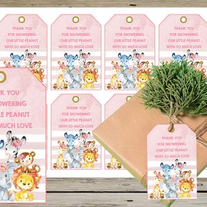 Pink safari animals and flowers thank you tags, baby shower favors, pink safari animals baby shower thank you tags, instant download.
