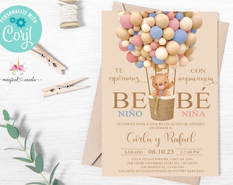 Bearly wait, bear gender reveal invitation, pink blue balloons, digital printable, corjl editable, SPANISH ESPAÑOL, revelacion de genero.