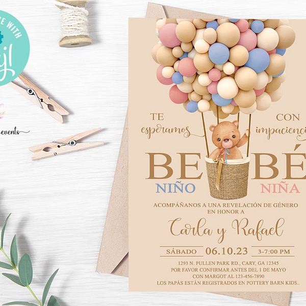 Bearly wait, bear gender reveal invitation, pink blue balloons, digital printable, corjl editable, SPANISH ESPAÑOL, revelacion de genero.