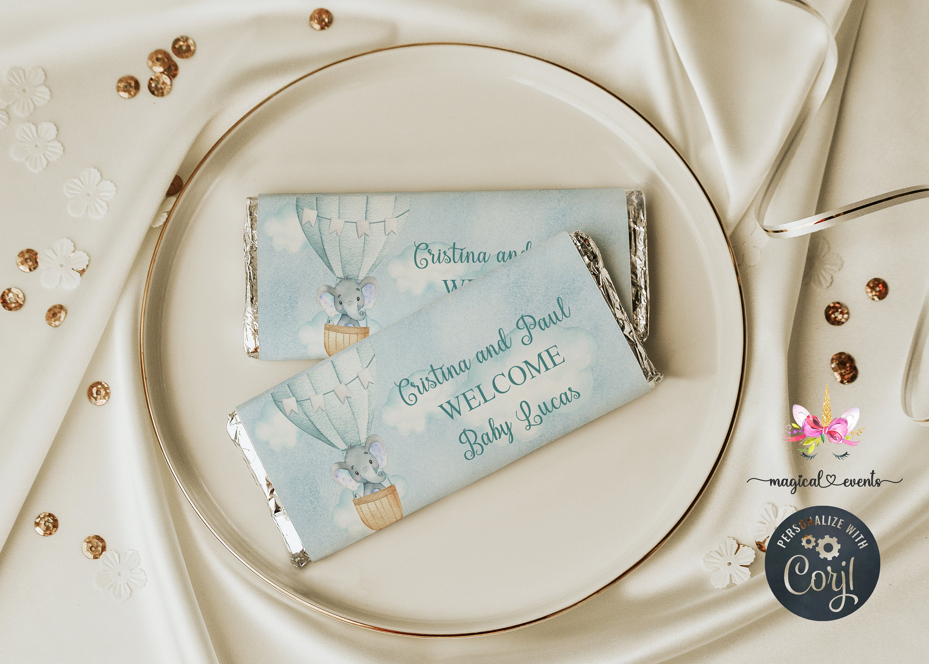 Elephant & Hot Air Balloon Boy Baby Shower Candy Wrapper, Boy Baby ...