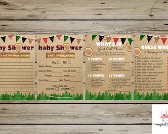 Lumberjack baby shower games bundle, boy lumberjack games package, kraft paper background buntings pine trees flannel, games pack, 4 games.