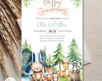 Woodland animals baby shower invitation, boy woodland invite, digital printable, deer fox raccoon bear, woods landscape, corjl editable.