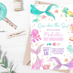 One-der the Sea birthday invitation, girl birthday invite, Oneder the sea ocean life invite, corjl digital printable, mermaid tails mermaids