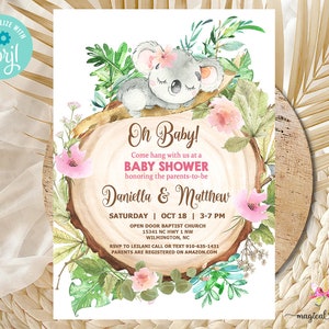 Koala girl baby shower invitation, girl baby shower invite, koala pink flowers invite, digital printable, instant download, corjl editable.