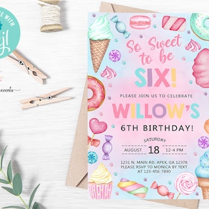 Candy so sweet to be six girl birthday invitation, birthday invite, cotton candy sweets donut ice cream cupcake, corjl digital printable.