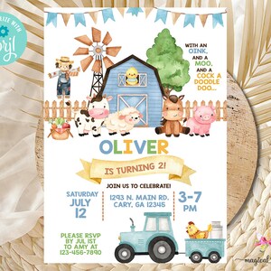 Puede incluir: Una invitaci&oacute;n de cumplea&ntilde;os de tem&aacute;tica de granja azul y amarilla para un ni&ntilde;o llamado Oliver que cumple dos a&ntilde;os. La invitaci&oacute;n presenta una escena de granja de dibujos animados con un granero, animales y un tractor. El texto dice "&iexcl;Oliver cumple 2!" e incluye detalles sobre la fiesta, incluida la fecha, la hora y la ubicaci&oacute;n.