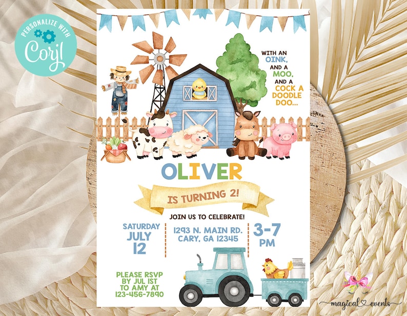 Puede incluir: Una invitaci&oacute;n de cumplea&ntilde;os de tem&aacute;tica de granja azul y amarilla para un ni&ntilde;o llamado Oliver que cumple dos a&ntilde;os. La invitaci&oacute;n presenta una escena de granja de dibujos animados con un granero, animales y un tractor. El texto dice "&iexcl;Oliver cumple 2!" e incluye detalles sobre la fiesta, incluida la fecha, la hora y la ubicaci&oacute;n.