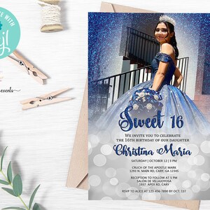 Sweet 16 sixteen foto uitnodiging, quinceañera, zilver bokeh, koningsblauwe glitter, digitaal printable, corjl bewerkbaar, foto uitnodigen zoete 15.