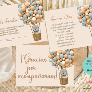 Aguarde com paciência livros de sorteio de fraldas para chá de bebê para bebês e cartões de agradecimento, podemos esperar com paciência o chá de bebê, balão de ar quente de urso marrom, espanhol.