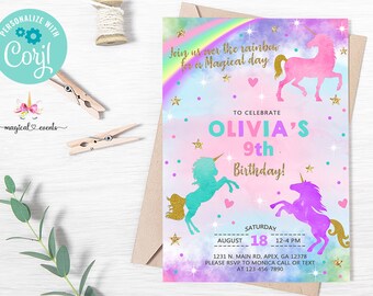 Unicorn and rainbow birthday invitation, girl birthday invite, digital printable corjl editable, rainbow unicorn gold glitter, pastel colors