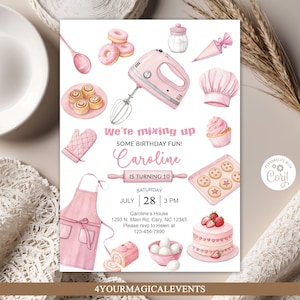 May include: A pink watercolour birthday invitation featuring baking-themed illustrations. The invitation includes images of donuts, a mixer, cupcakes, and a cake. Text reads "We're mixing up some birthday fun! Caroline is turning 10."