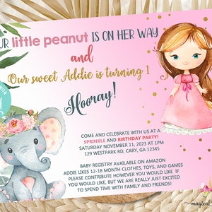 Siblings baby shower, combined elephant baby shower and princess 2nd birthday, corjl digital printable, pink invitation invite, princess.