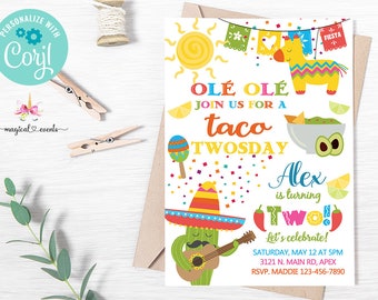 Ole ole taco twosday, baby second fiesta, 2nd birthday invitation, turning two fiesta invite, digital printable, taco twosday corjl editable
