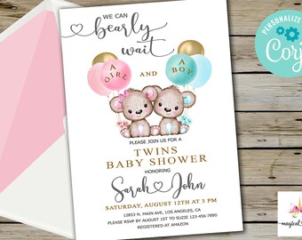 May include: Baby shower invitation featuring two teddy bears, balloons, and the text "We can bearly wait." The invitation is for twins, with the names Sarah and John, and includes event details.