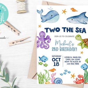 Invitación de cumpleaños Two the Sea, invitación para el segundo cumpleaños de niño, invitación de vida oceánica bajo el mar, imprimible digital, segundo cumpleaños de niño, corjl.