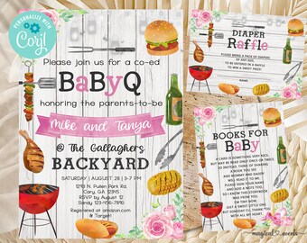 Invitación y tarjetas para baby shower BABY-Q, invitación para baby shower con barbacoa, rifa de pañales y libros para bebé, corjl imprimible digital, niña rosa.