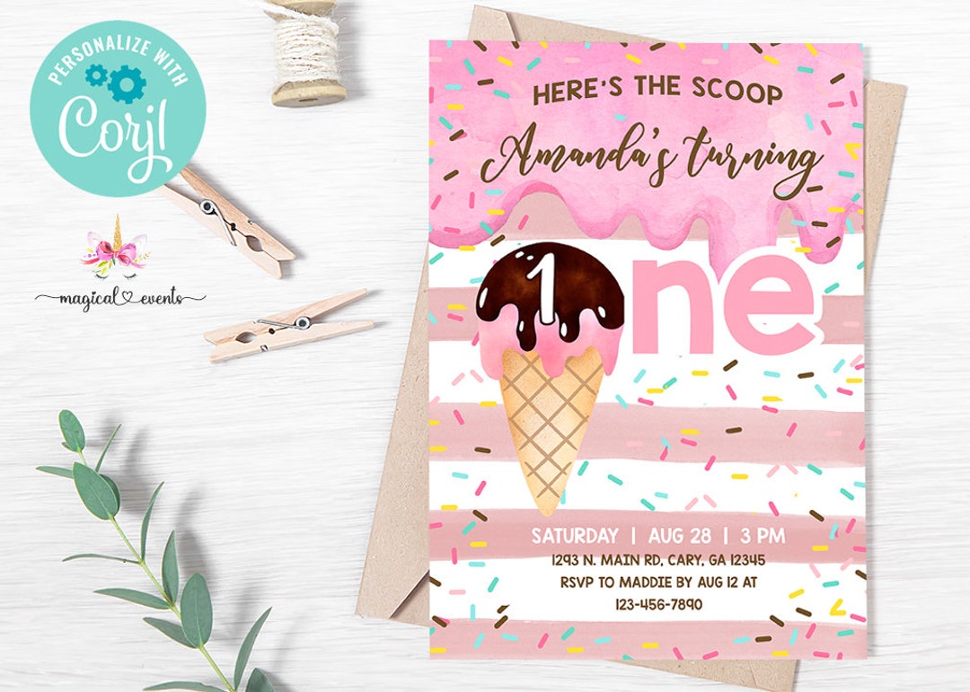 Here's the Scoop Ice Cream 1st Birthday Invitation, Girl First Birthday