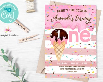Here's the scoop ice cream 1st birthday invitation, girl first birthday invite, corjl digital printable, ice cream girl first birthday.