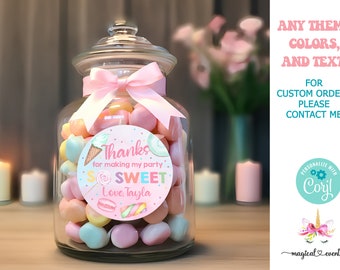 Stickers de remerciement d'anniversaire pour fille Sweet One, cadeaux d'anniversaire, glace aux beignets, bonbons pour fille, étiquettes de remerciement, étiquette d'anniversaire corjl modifiable.