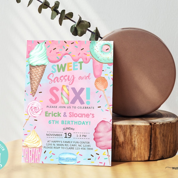 SWEET SASSY and SIX girl & boy birthday invitation, siblings birthday invite, cotton candy sweets donut ice cream, corjl digital printable.