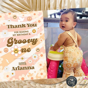 Cartão de agradecimento com foto de primeiro aniversário do Groovy One, menina Cartão de agradecimento do primeiro aniversário do Groovy One, foto com nome editável para impressão digital, obrigado