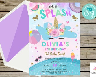 Pool party bash birthday invitation, splish splash summer invite, unicorn face, digital printable, unicorn pool birthday, corjl editable.