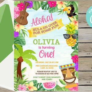 May include: A colorful invitation for a luau themed first birthday party for Olivia. The invitation features a tropical background with palm trees, flowers, and a pineapple wearing sunglasses. The text reads "Aloha! Hula on over for some fun. Olivia is turning One! Saturday, July 28 at 3 PM 1953 Sandling Beach Rd. Cary, AL 12345 Please RSVP by July 12 to Susan at 123-456-7890 Don't forget your swimsuits and towel!"