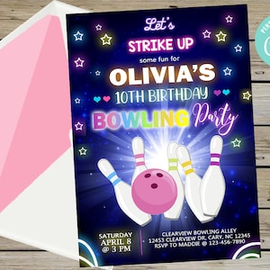 Bowling girl birthday invitation, lets strike up some fun girl birthday invite, digital printable, bowling birthday, neon lights, corjl.