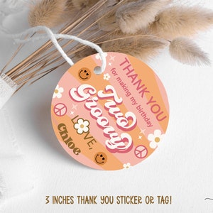 Two Groovy girl birthday thank you tags, birthday favors, girl retro 70&#39;s hippie thank you tags, birthday tags, groovy girl favor tags.