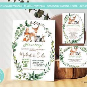 Invitation à la baby shower de garçon d’animaux des bois, livres pour tombola de couches pour bébé, corjl numérique imprimable, cerf renard raton laveur hibou lapin, inserts de cartes