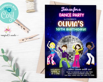 Dance party girl birthday invitation, dance party girl birthday invite, corjl digital printable, virtual dance party, girl dancing party.