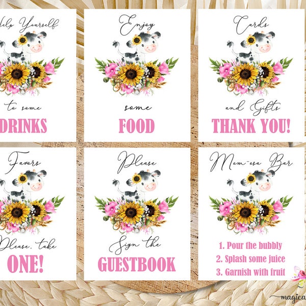 Cow & sunflowers baby shower signs bundle, girl baby shower signs, cow signs package, 6 baby shower signs, baby shower signs bundle.