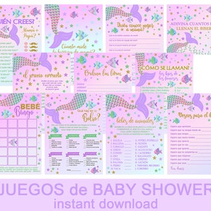 Pacote de jogos de chá de bebê de sereia, pacote de jogos de cauda de sereia, pacote de jogos, espanhol espanhol, pacote de jogos de chá de bebê, sereias.