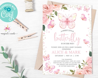 Butterflies summer baby shower invitation, girl baby shower invite, corjl editable, digital printable, pink butterfly baby shower invite.