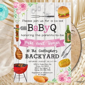 BABY-Q Baby Shower invitation, barbecue girl baby shower invite, corjl digital printable, co-ed BBQ barbecue baby shower, backyard BaByQ.