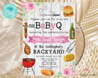 BABY-Q babyshowerinbjudan, babyshowerinbjudan för grillflicka, digitalt utskrivbar corjl, babyshower för blandad grillning, BaByQ i trädgården.
