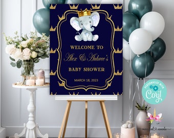 Letrero de bienvenida para baby shower de 16 x 20 cm, diseño de príncipe elefante, color azul rey y dorado, para baby shower de elefante, letrero editable en corjl.